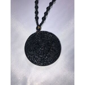Unique Glass Black Obsidian Dragon and Phoenix Pendant Necklace Good Luck Charm